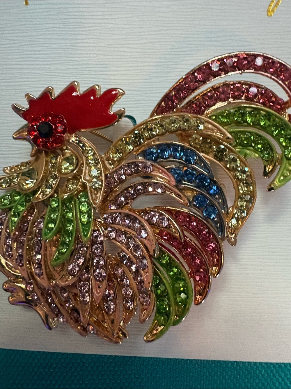 Ara Multicolor Crystal Rooster Brooch with Red Crest